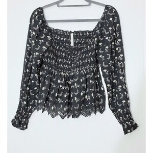 American Eagle Top Size M Gray Babydoll Smocked Long Sleeve Eyelet Hem Y2K NEW